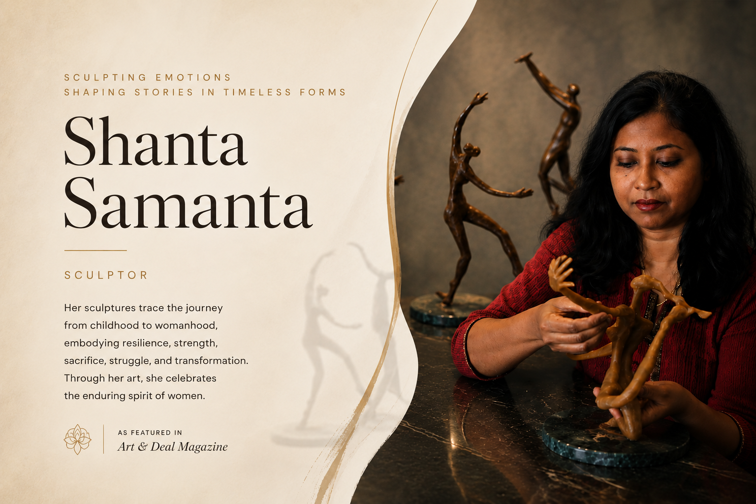 Shanta Samanta, Sculptor — The Art of Strength. Almost all of her sculptures center on women, not simply as beautiful figures, but as symbols of sacrifice, resilience, nurturing, strength, struggle and transformation. As featured in Art & Deal Magazine.