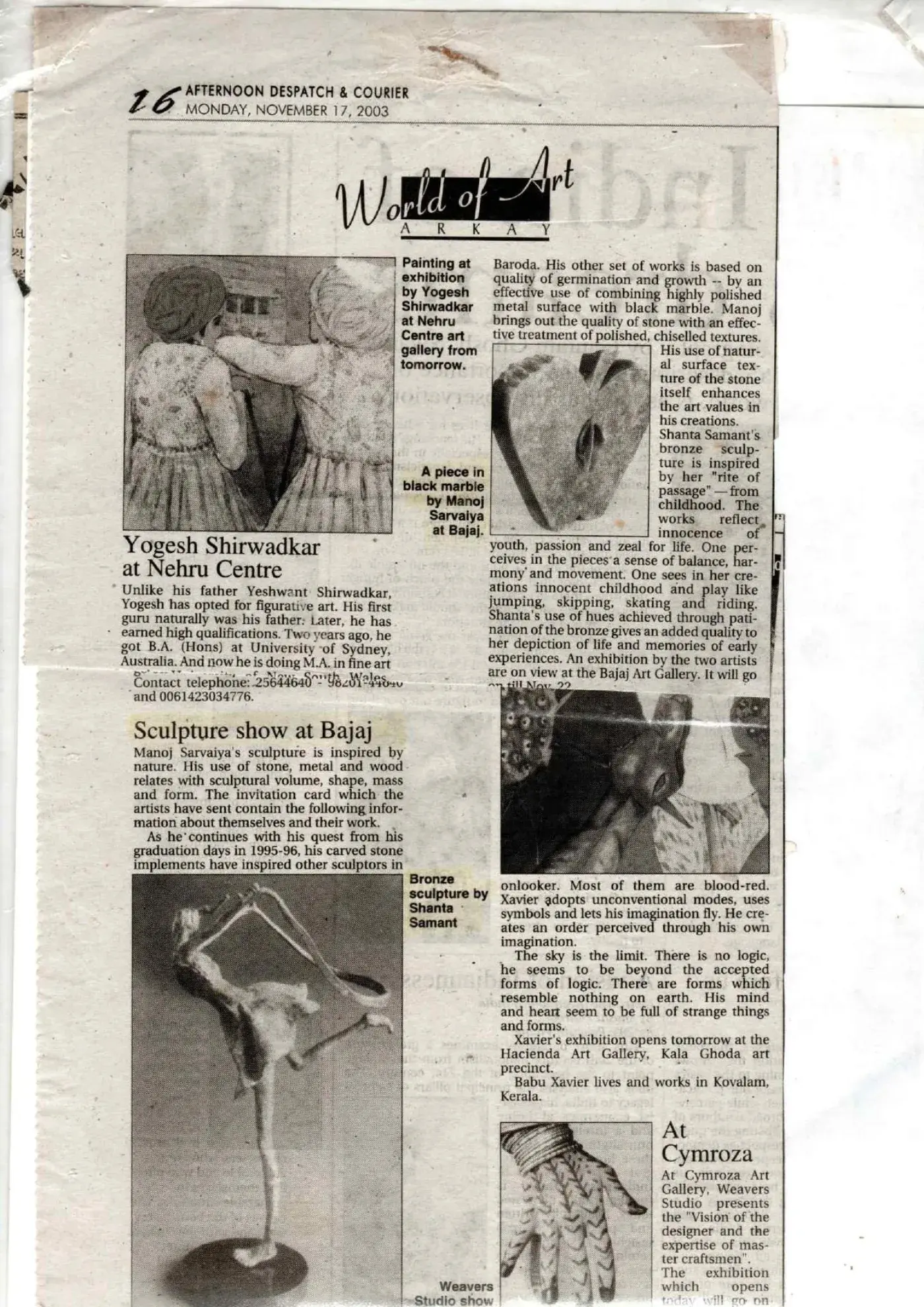 Afternoon Despatch & Courier, 17 November 2003 — World of Art — Sculpture show at Bajaj