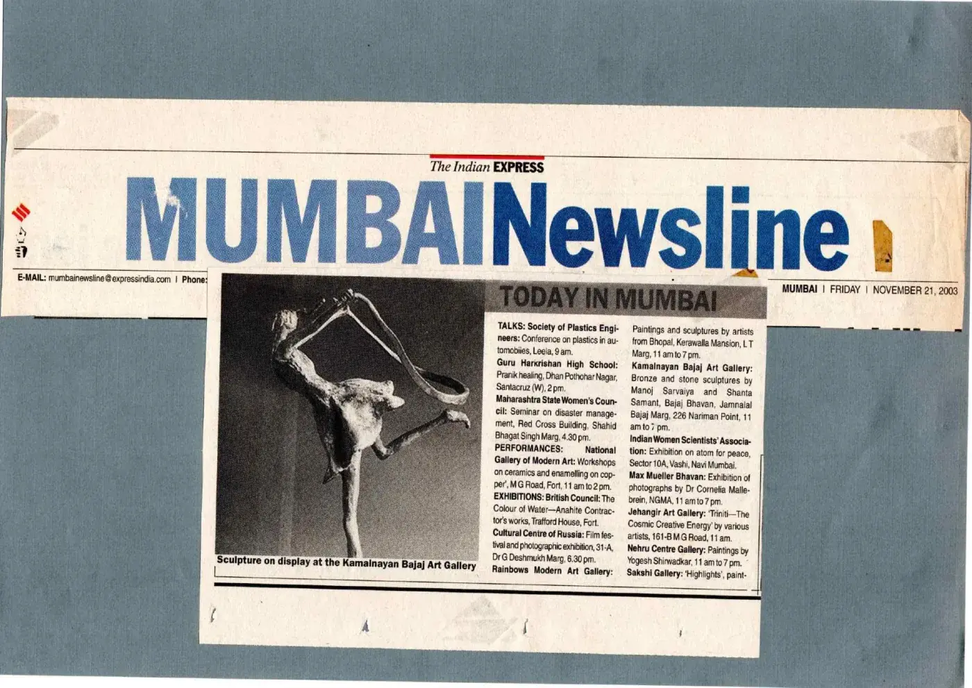 The Indian Express (Mumbai Newsline), 21 November 2003 — Today in Mumbai — Kamalnayan Bajaj Art Gallery